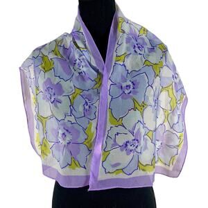 Vintage Glentex Sheer Floral Scarf Made in Japan Purple Green 42x12” 60s 70s Mod